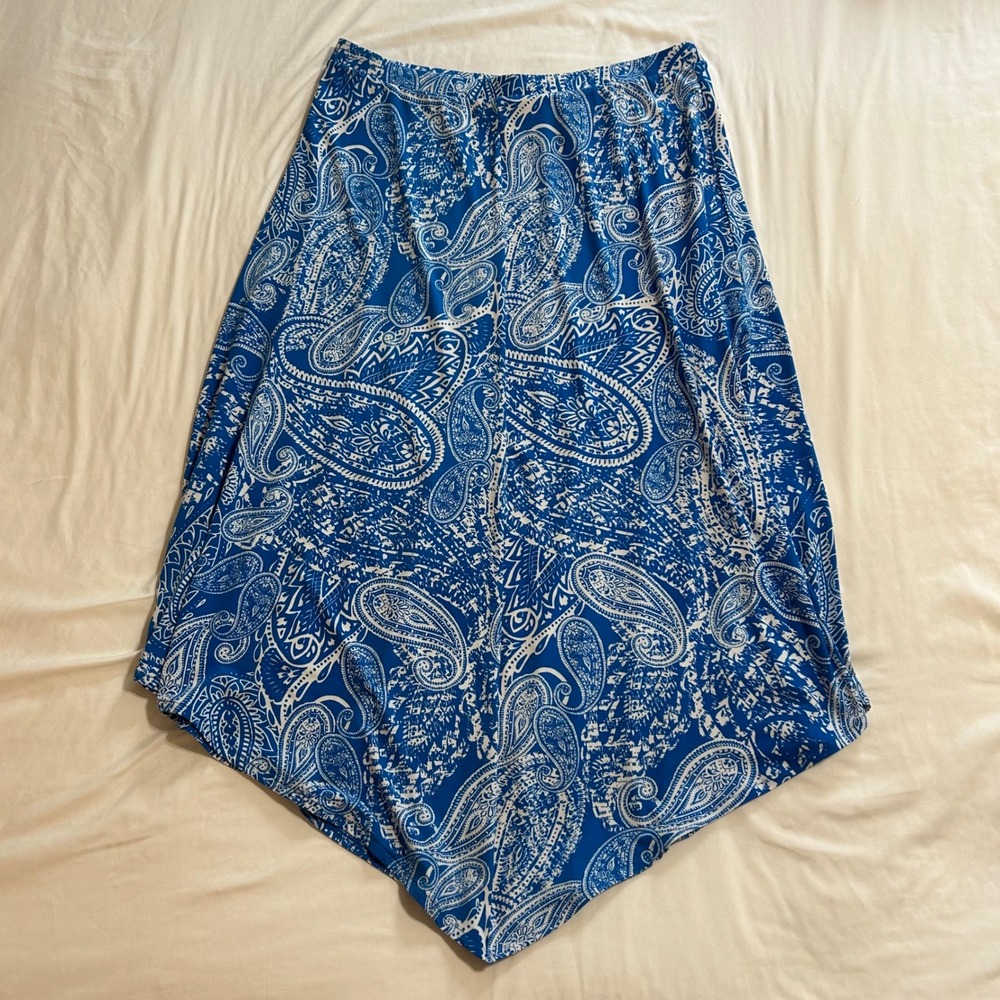 Chicos Blue White Paisley Handkerchief Hem Midi Skirt Size 2 Large Elastic Waist